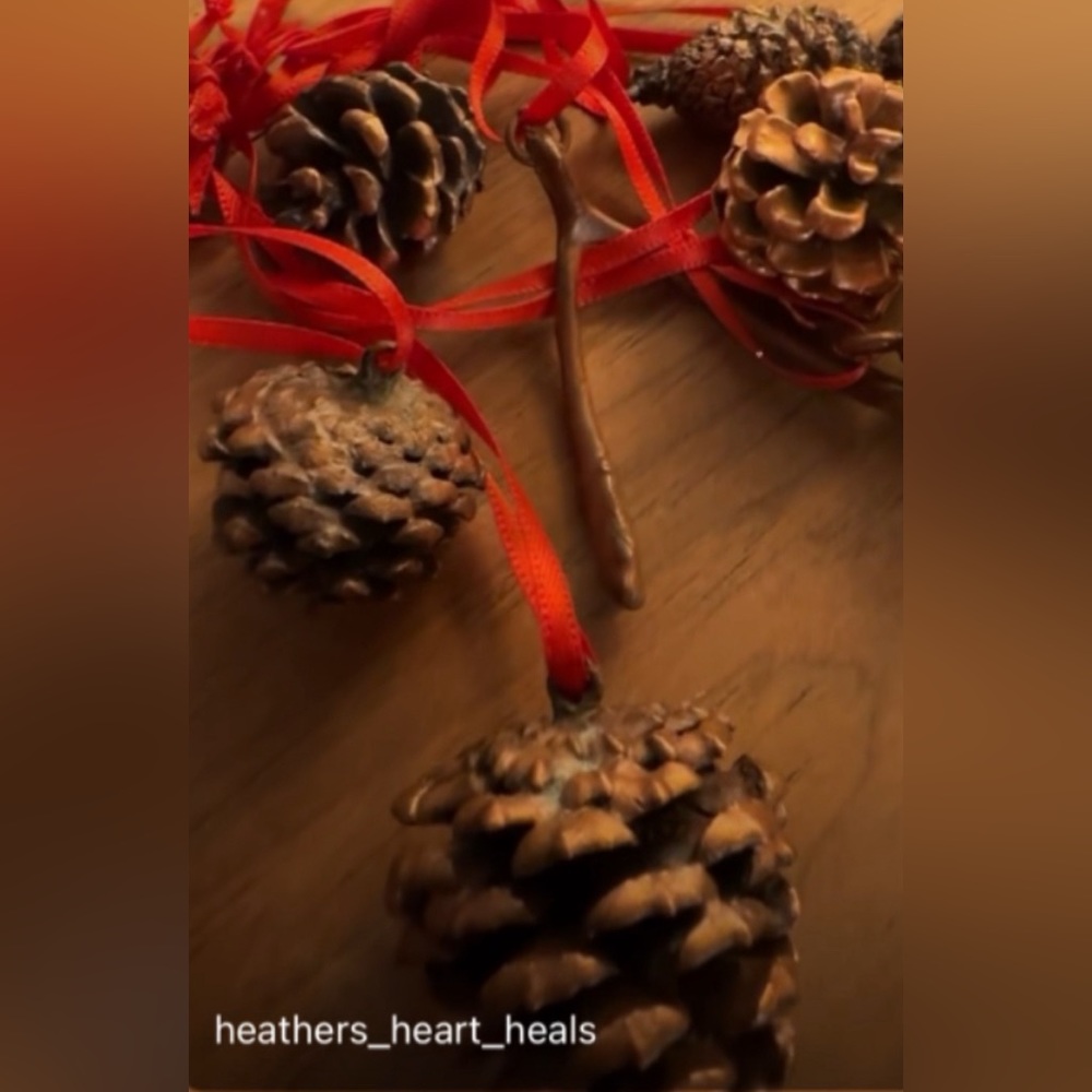 Copper Electroformed Pinecones, wishbone ornament set